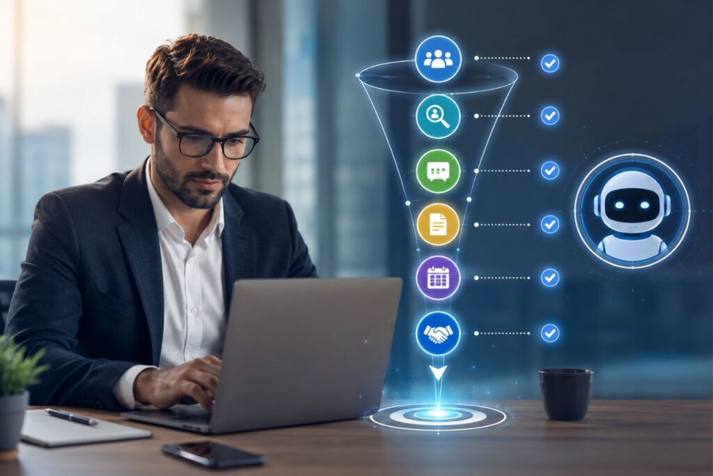 Professional B2B AI sales agent managing a multi-step conversion funnel with intelligent automation, lead qualification, customer engagement, and data-driven sales workflow in a modern corporate office environment.