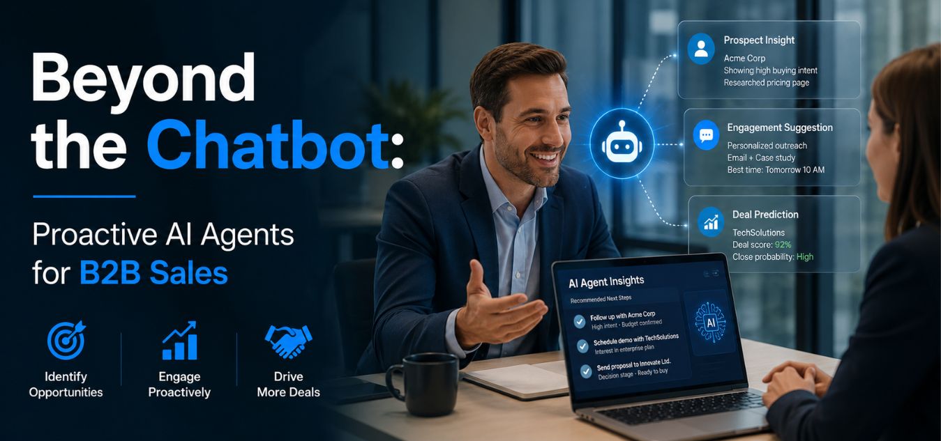 Professional thumbnail for an article about proactive AI agents for B2B sales, featuring a business meeting with AI-powered sales insights, predictive analytics, automated engagement suggestions, and modern corporate technology visuals.