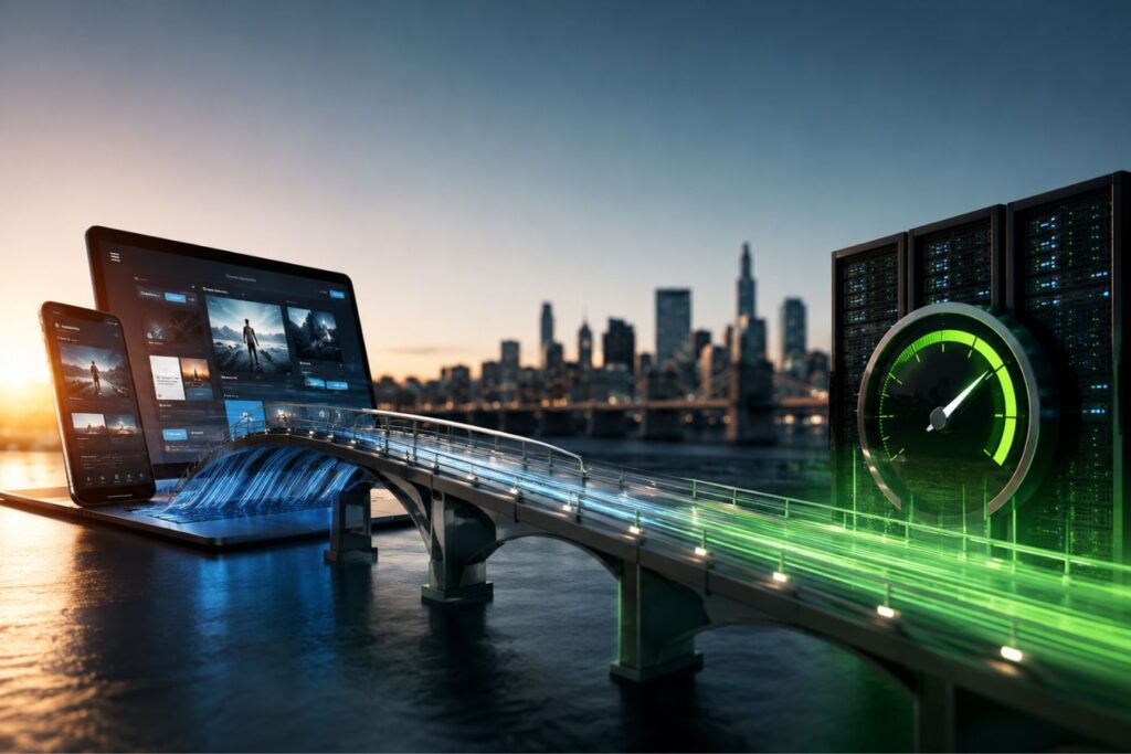 Premium UI/UX design meets high-speed server infrastructure in a futuristic bridge concept visual, representing Core Web Vitals, sub-second server response times, and modern web performance optimization for business competitiveness.