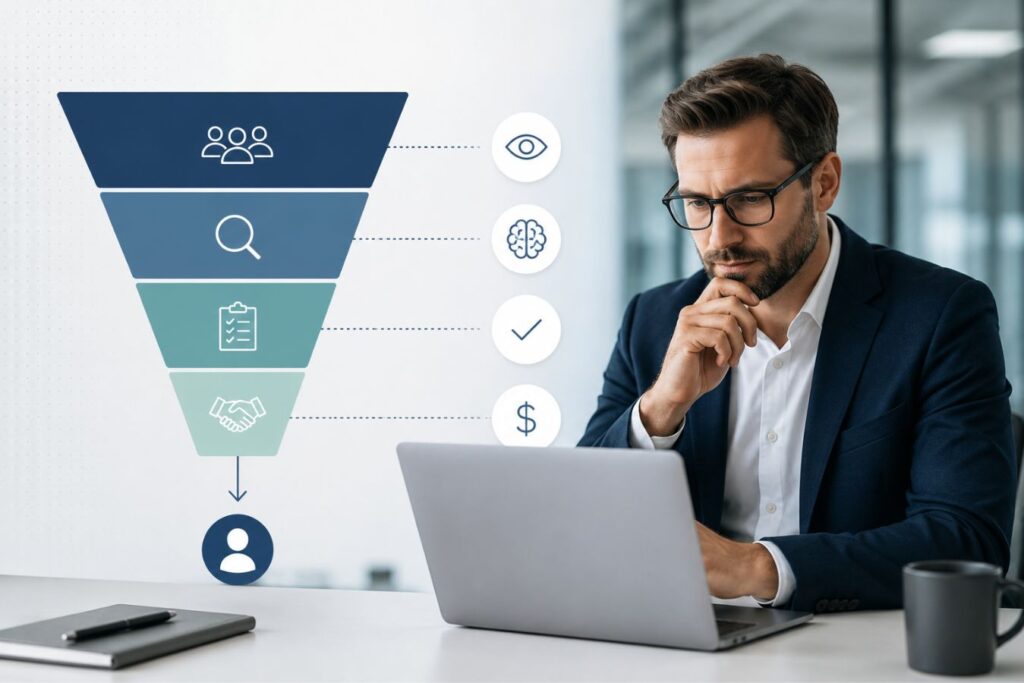 Professional B2B conversion funnel infographic showing cognitive load stages alongside a business professional working on a laptop in a modern office environment.