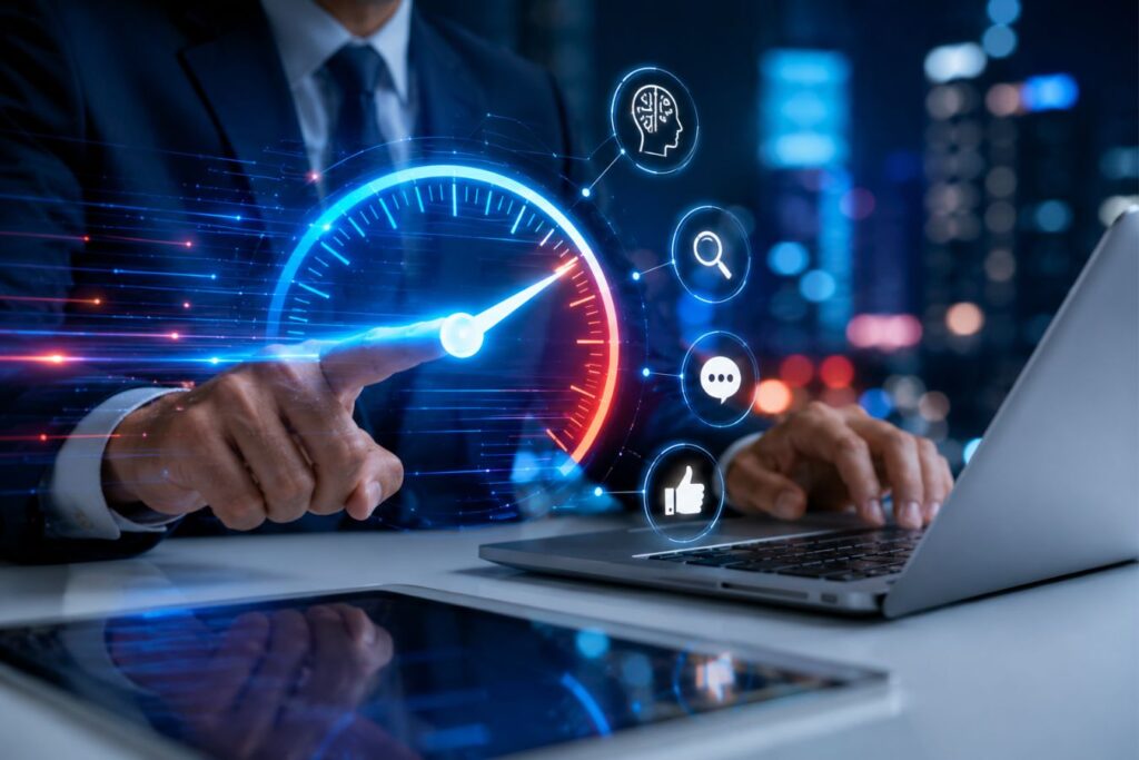 Business executive analyzing real-time website performance metrics and ultra-fast server response speeds for AI answer engines, highlighting Core Web Vitals optimization and millisecond web performance in a modern corporate environment.