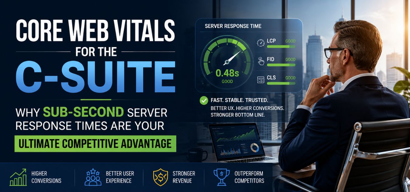 Professional Core Web Vitals thumbnail showing a business executive analyzing sub-second server response times, performance metrics dashboard, and website speed indicators illustrating how fast server performance improves UX, conversions, and competitive advantage for C-suite leaders.