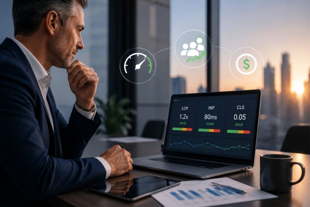 Executive reviewing Core Web Vitals dashboard with sub-second server response metrics, performance analytics, and business growth indicators in a modern corporate office environment.