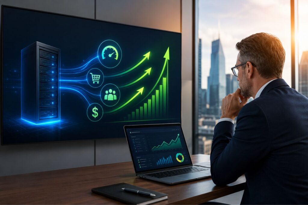 Business executive analyzing website performance metrics and server infrastructure growth charts to illustrate the ROI of re-architecting for faster Core Web Vitals and sub-second server response times.