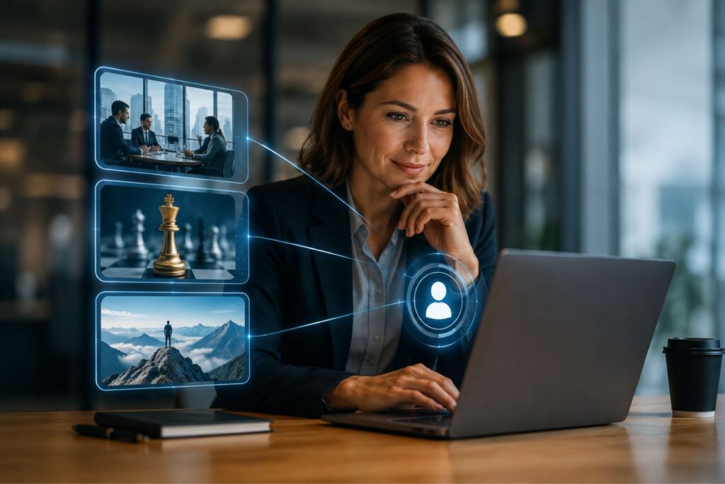 Professional B2B marketer using AI-powered creative targeting strategies for Meta awareness ad campaigns on a modern laptop in a premium office environment with digital audience targeting visuals.