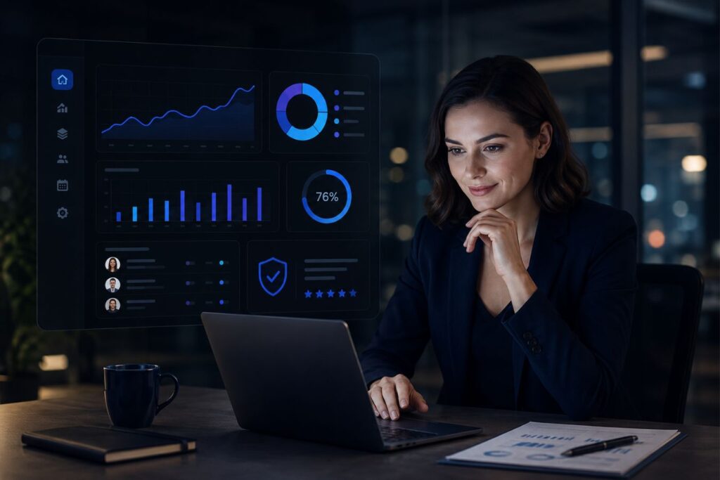 A professional enterprise user working in a modern dark-mode SaaS dashboard, showcasing analytics and UI elements that highlight how aesthetics influence B2B software renewals.