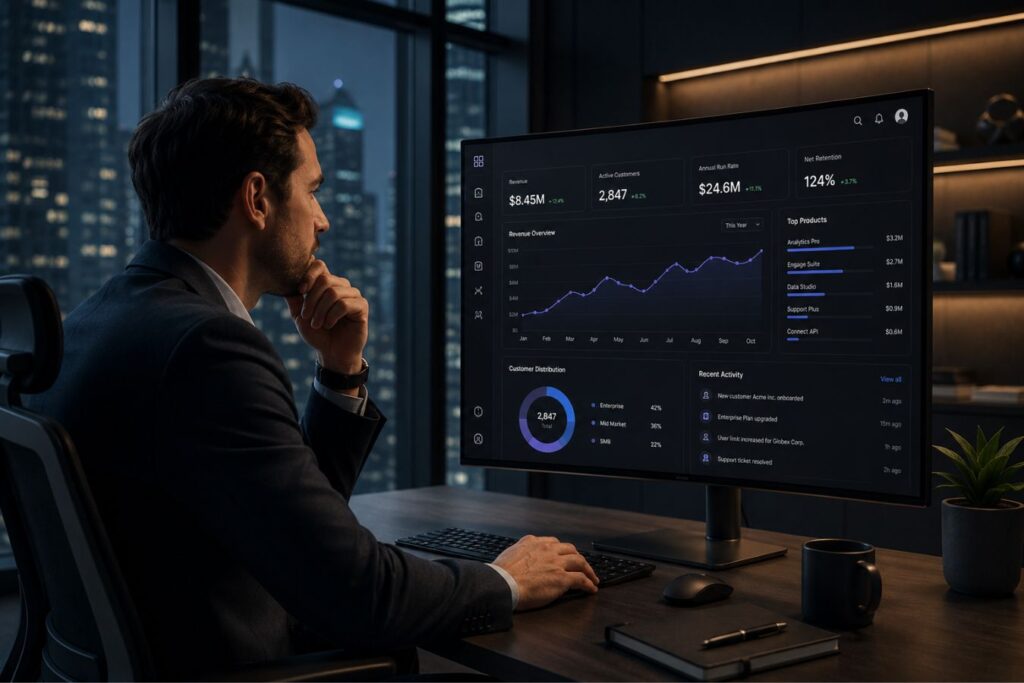 Premium enterprise SaaS dashboard in dark mode with a professional executive analyzing business analytics on a low-luminance interface in a modern office environment.