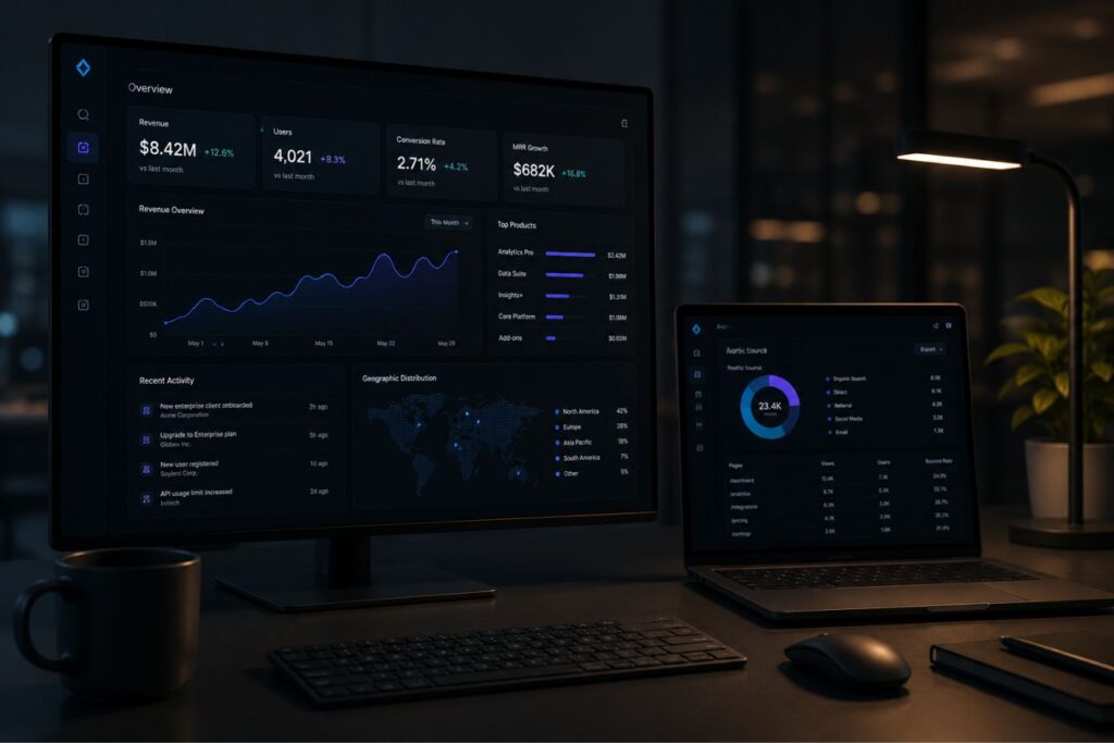Premium low-luminance dark mode dashboard interface for enterprise B2B SaaS platform with modern analytics UI, realistic workspace setup, and professional dark-themed user experience design.
