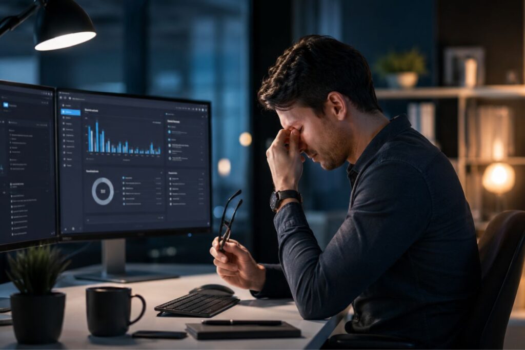Professional employee experiencing digital eye strain while working on dark mode enterprise SaaS dashboards in a modern low-light office workspace with multiple monitors.