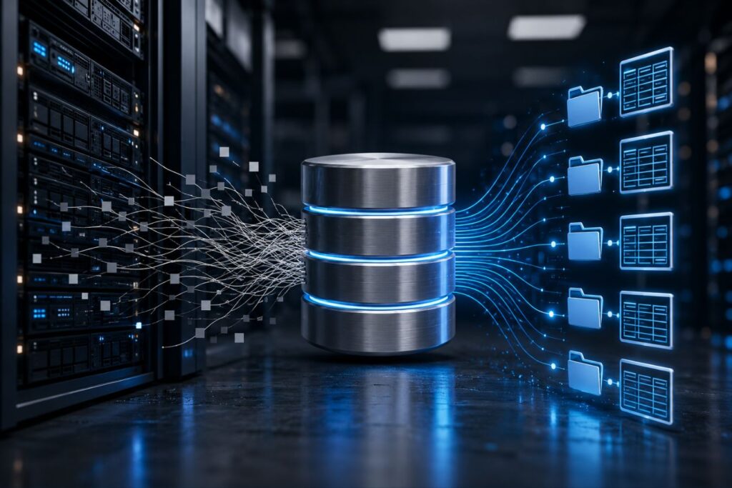 Database indexing concept showing optimized data retrieval with organized digital storage system in a high-performance server environment for Laravel API scaling