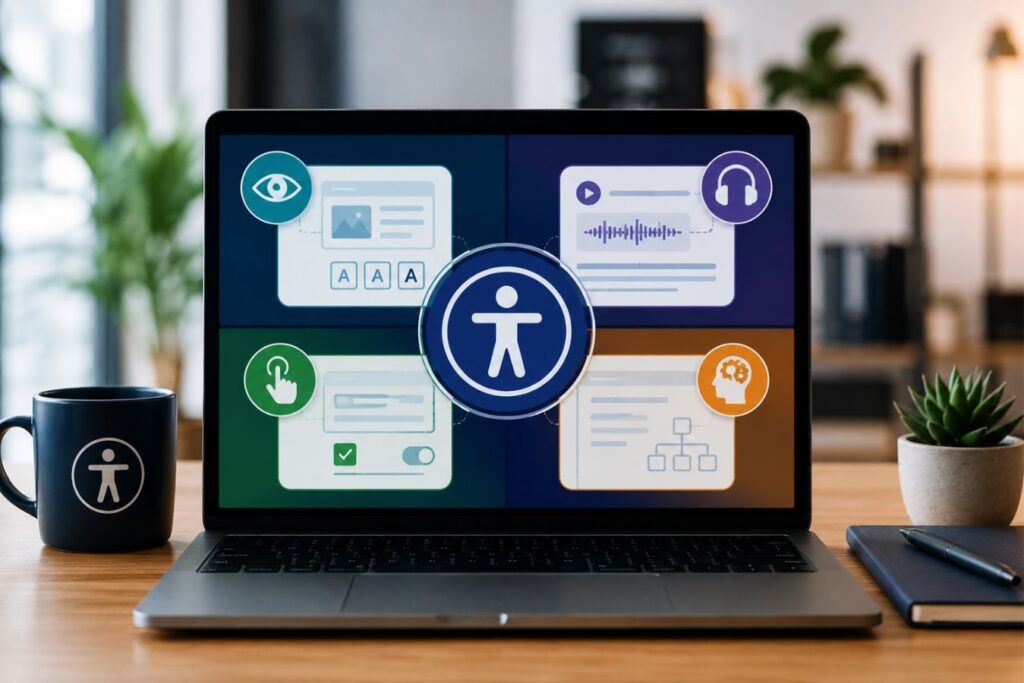 Modern WCAG-compliant SaaS accessibility dashboard illustrating the P.O.U.R. framework with inclusive UI design, accessibility icons, and user-friendly interface elements on a professional workspace setup.