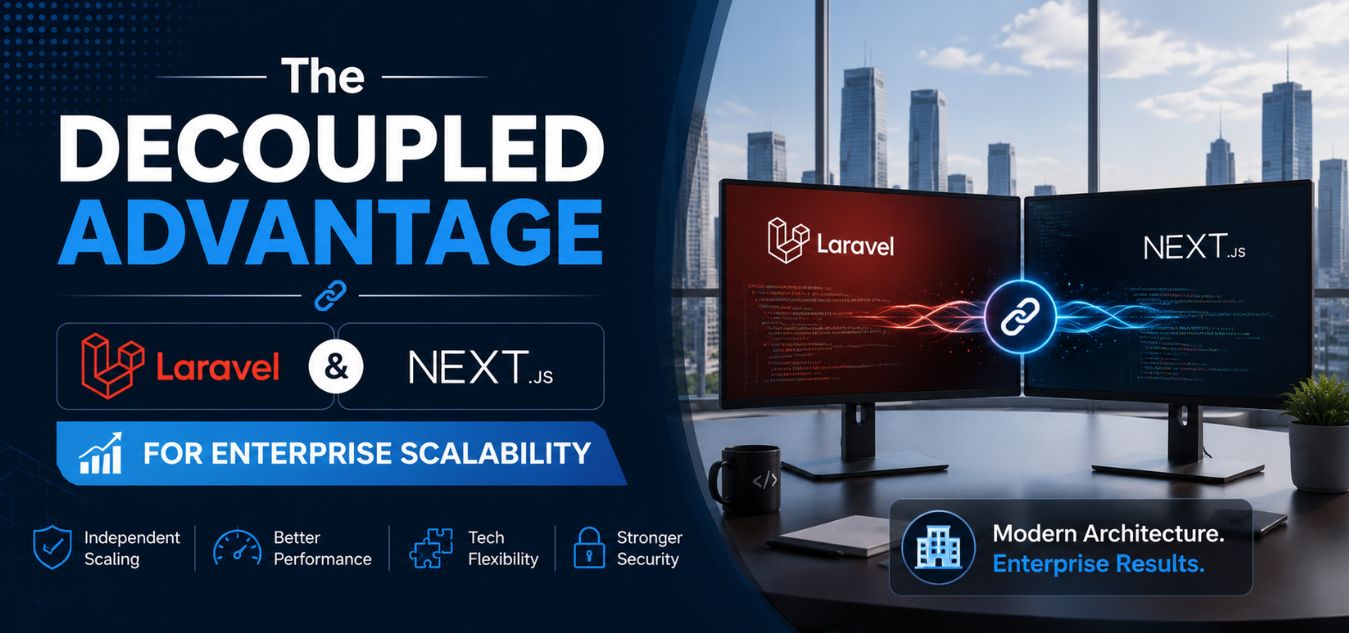 Laravel and Next.js decoupled architecture for enterprise scalability, featuring connected backend and frontend systems, modern development workspace, scalable web application infrastructure, enhanced performance, flexibility, and security.