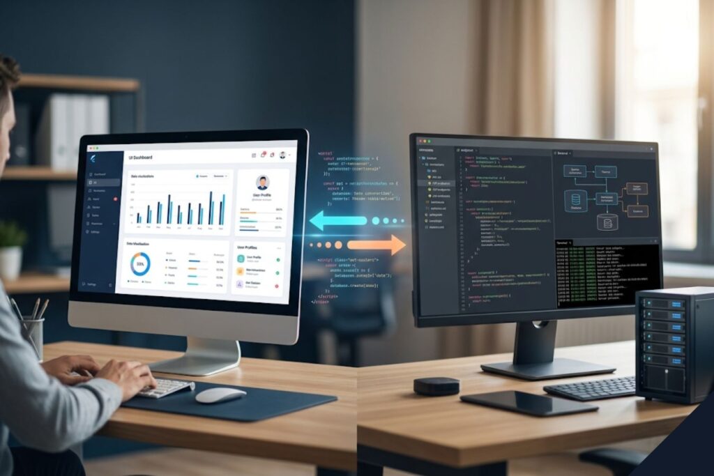 A professional dual-monitor workspace illustrating a decoupled software architecture, featuring a polished UI dashboard on one screen and complex backend code on the other to represent technical synergy and performance scaling.