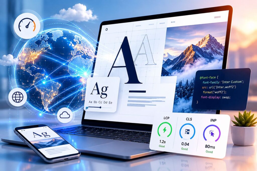 High-end visual showing global edge delivery, typography rendering previews, and performance metrics to illustrate how custom CSS fonts impact premium brand aesthetics and Core Web Vitals.