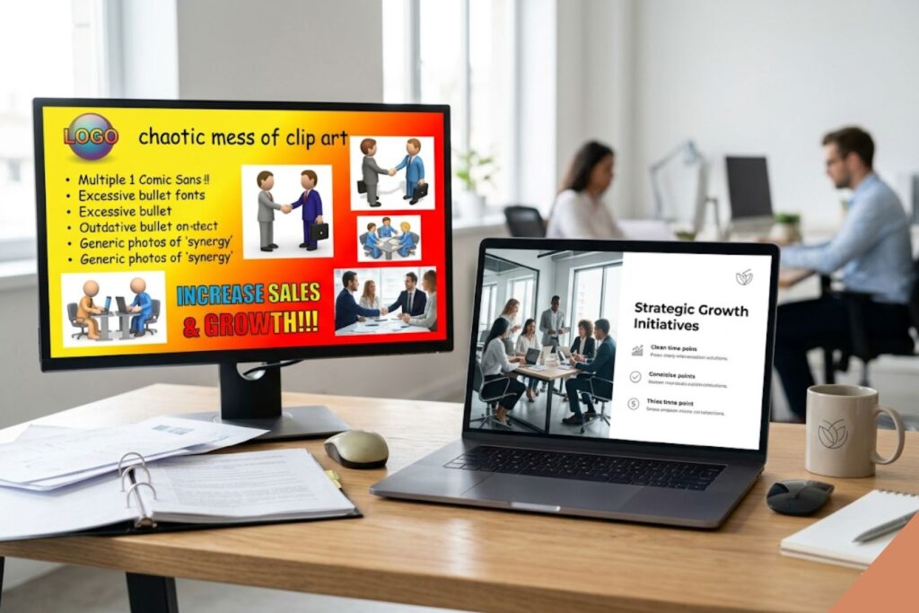 A professional office desk comparing two presentation styles: a monitor displaying a chaotic, cluttered sales deck with outdated clip art and bright colors next to a laptop showing a sleek, modern, and minimalist pitch deck with clean typography and ample white space.