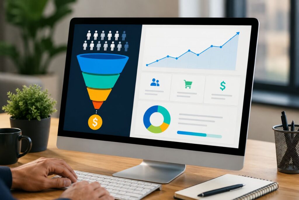 Modern professional workspace showing digital analytics dashboard with conversion-focused UI, funnel visualization, and performance charts, representing designing for conversions over likes in custom motion graphics and infographic strategy for SEO and Google image rankings.