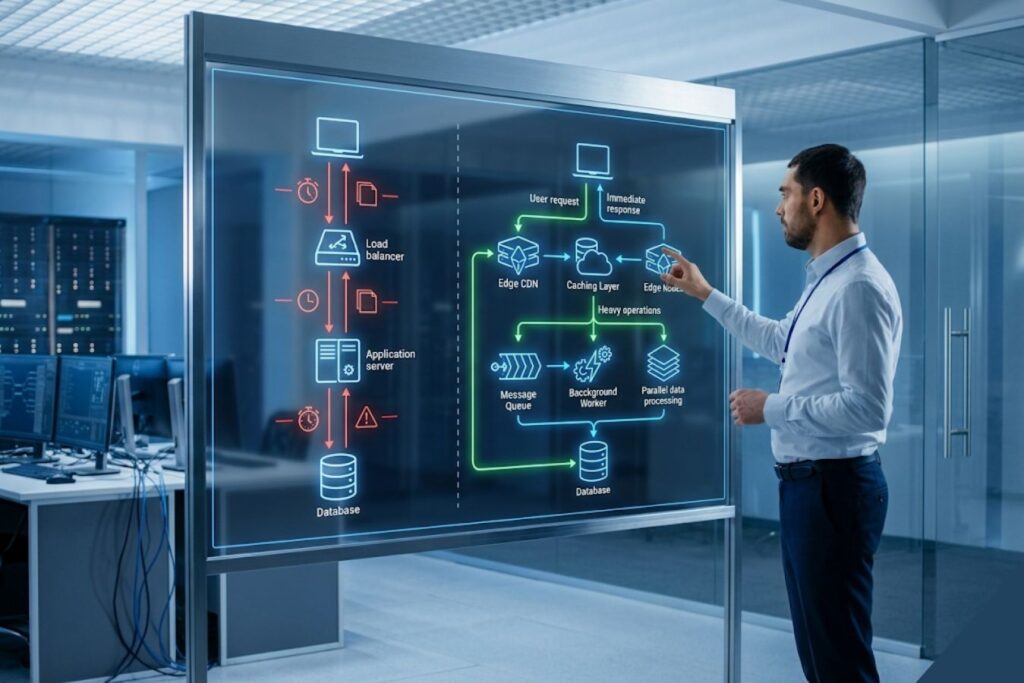A professional system architecture diagram displayed on a modern glass interface in a data center. The visual compares a slow, linear data flow (red) with an optimized, low-latency architecture (green) featuring Edge CDNs, caching layers, message queues, and parallel processing to mask latency.