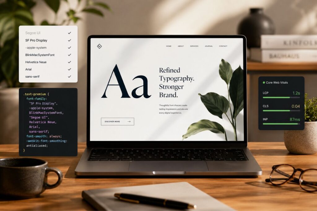 Professional modern workspace showcasing premium typography hierarchy, custom CSS font stack engineering, responsive web typography design, and Core Web Vitals optimization on a sleek laptop interface with realistic UI elements and clean branding aesthetics.