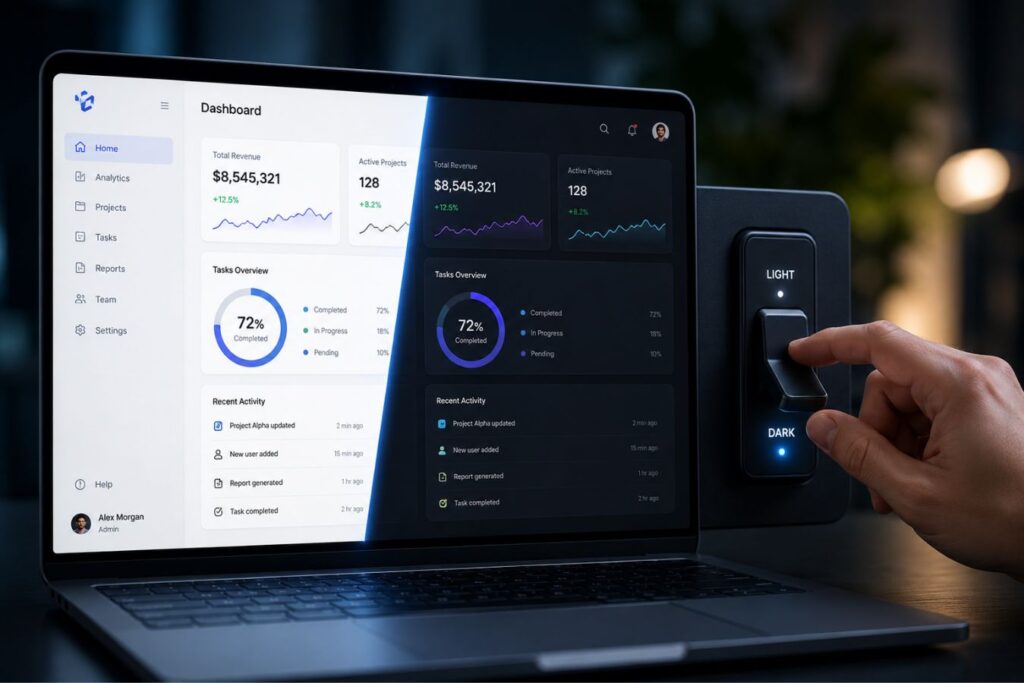 Professional enterprise SaaS dashboard showcasing a seamless transition between light and dark mode interfaces with a realistic toggle switch, representing modern low-luminance UI engineering and premium B2B software user experience.