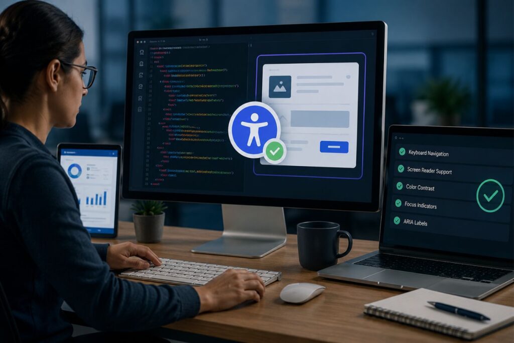 Software engineer developing a WCAG-compliant SaaS platform with accessibility-focused code, inclusive UI design elements, and compliance testing dashboards displayed on modern computer screens.