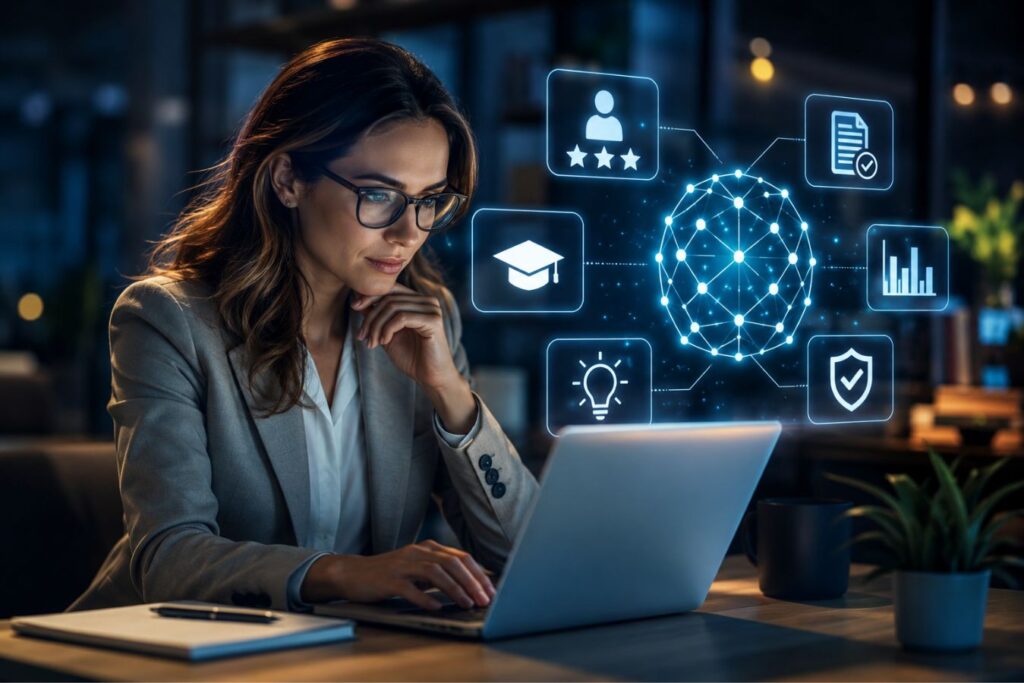 Professional SEO expert analyzing AI search summaries on a laptop with advanced digital data visuals representing experience, expertise, and modern AI SEO strategies.