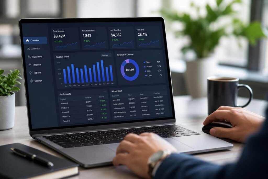Modern B2B analytics dashboard on a laptop showing clean, frictionless navigation and business performance metrics, symbolizing how intuitive UX design improves decision-making and drives revenue growth.
