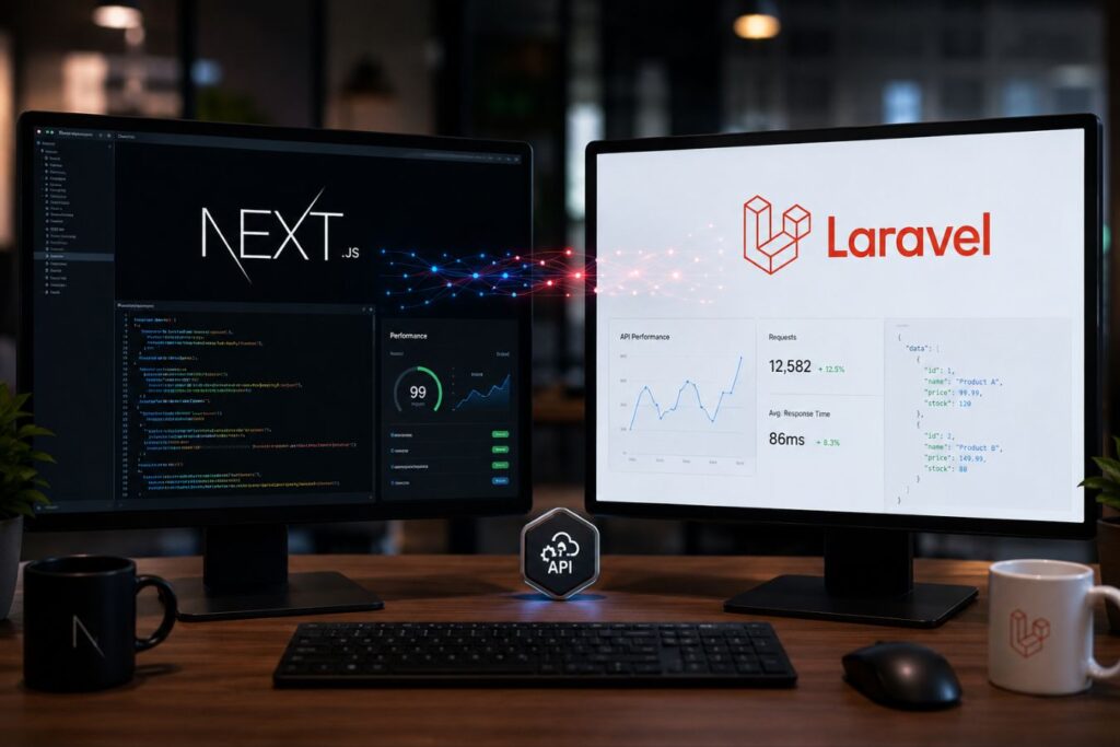Modern Next.js and Laravel ecosystem setup showing frontend-backend API integration, real-time data flow, performance optimization dashboards, and scalable web application development environment.