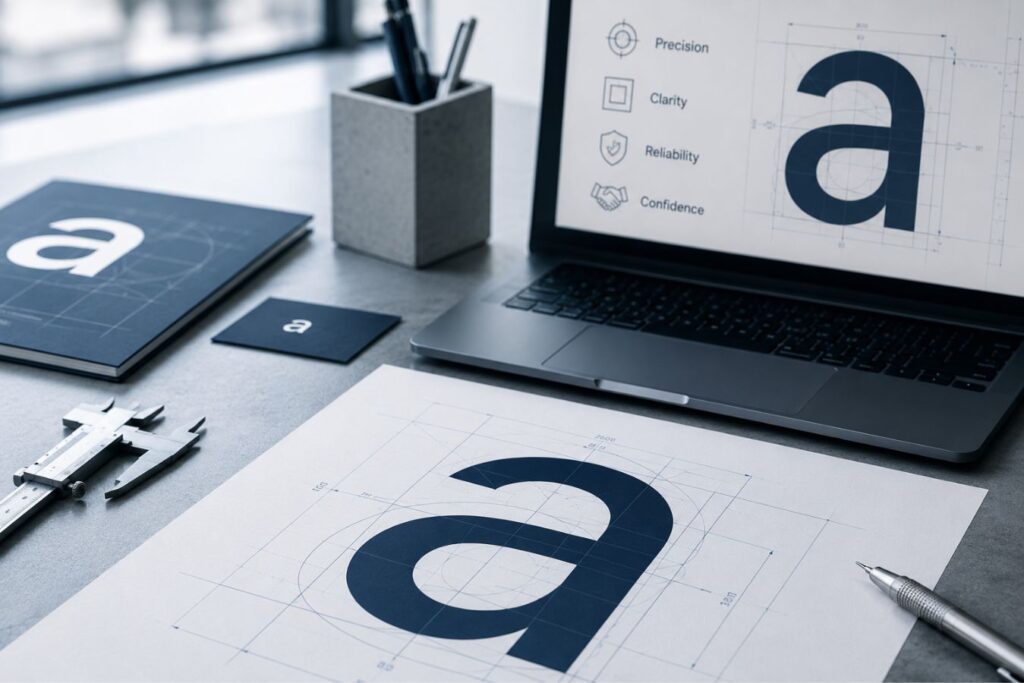Professional geometric sans-serif typography design workspace featuring precision logo construction, clean branding layouts, and modern B2B visual identity elements that represent trust, clarity, and corporate rebranding aesthetics.