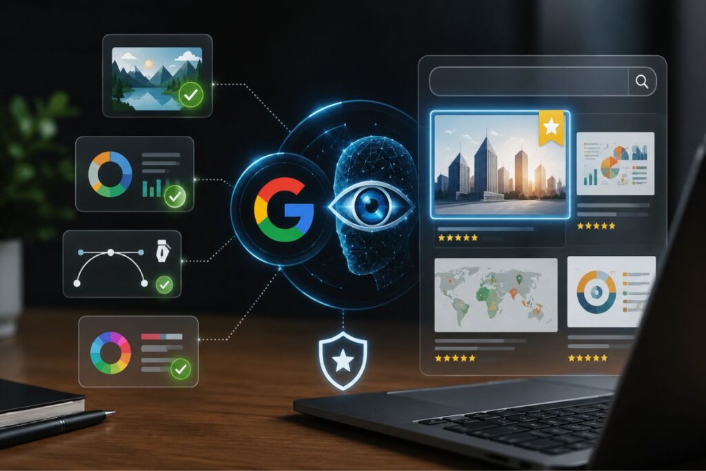Google Vision AI analyzing brand visuals and custom infographic content on a modern digital interface with search ranking optimization, data visualization, and AI-powered image recognition elements.
