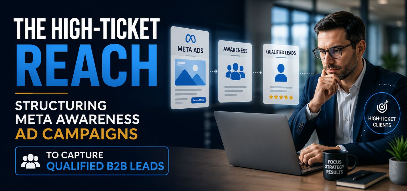 Professional thumbnail for “The High-Ticket Reach” article featuring a business professional using Meta awareness ad campaigns to capture qualified B2B leads through strategic digital marketing funnels and high-ticket client targeting.