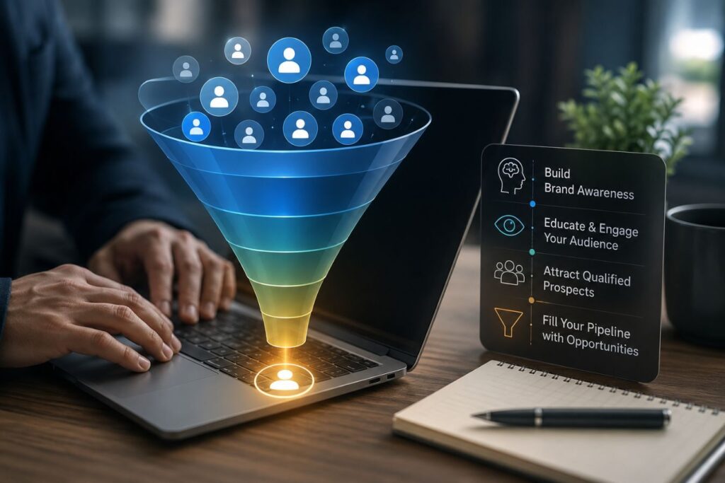Modern digital marketing funnel visualization representing top-of-funnel awareness engine for Meta ad campaigns, showing B2B lead generation, audience targeting, and marketing conversion strategy on a laptop screen in a professional business setting.