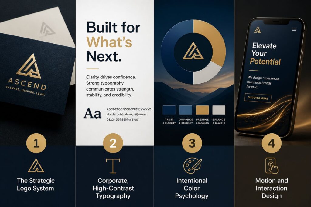 Premium branding infographic showcasing strategic logo system, corporate high-contrast typography, intentional color psychology, and motion interaction design for high-valuation brand growth