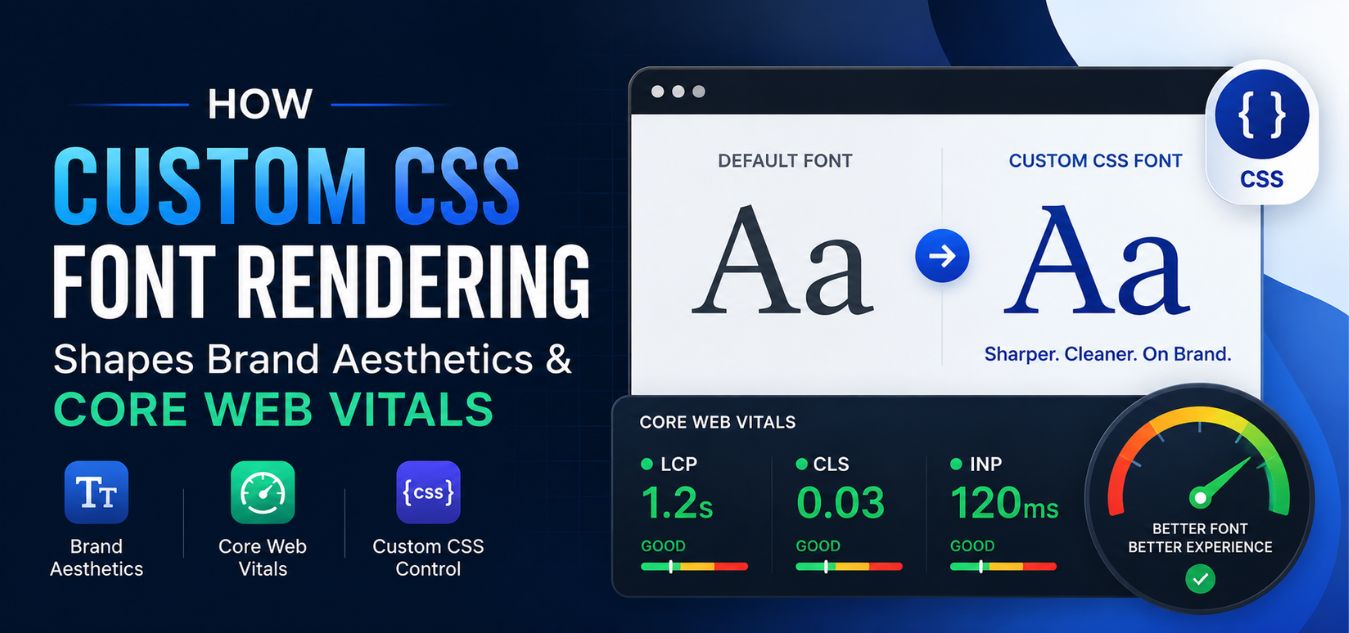 How custom CSS font rendering improves brand aesthetics and Core Web Vitals, featuring typography optimization, custom web fonts, website performance metrics, and modern UI design elements for enhanced user experience.
