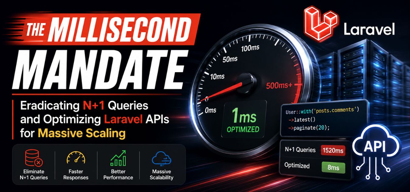 Professional Laravel API optimization thumbnail showing N+1 query elimination, millisecond performance tuning, scalable backend architecture, server infrastructure, and high-speed API response optimization for massive Laravel application scaling.
