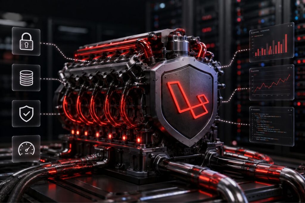 Ultra-realistic Laravel backend infrastructure engine powering enterprise scalability, secure data processing, API management, and seamless integration with a Next.js frontend in a modern decoupled architecture environment.