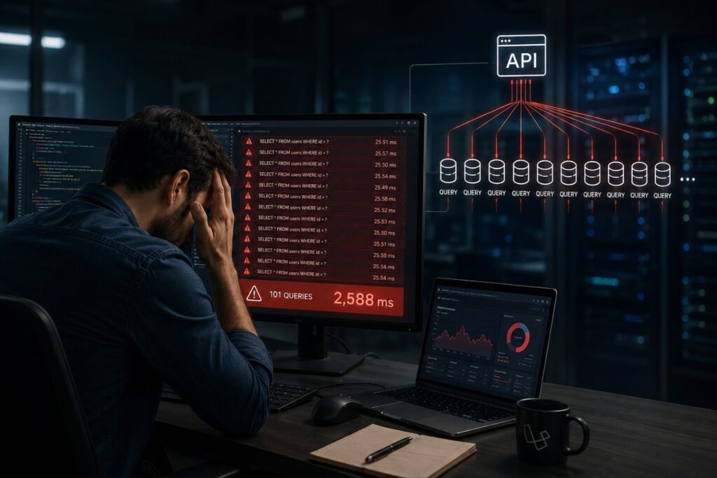 Laravel developer troubleshooting N+1 query performance bottlenecks in a high-scale API environment with database query overload visualization and API optimization dashboard.