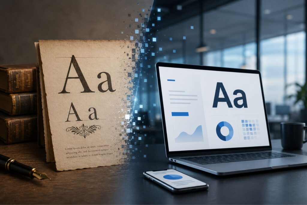 Split-screen visual comparing traditional serif typography on vintage paper with modern sans-serif typography on a digital workspace, illustrating the decline of legacy serif fonts in modern B2B branding and digital design.