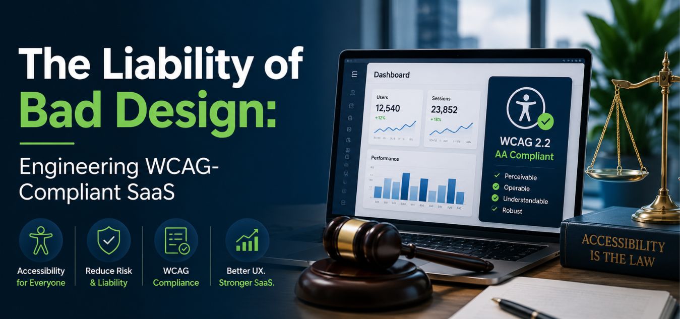 Professional thumbnail design for “The Liability of Bad Design: Engineering WCAG-Compliant SaaS” featuring a modern SaaS accessibility dashboard, WCAG 2.2 compliance interface, legal gavel, and accessibility law elements representing UX liability, accessibility compliance, and inclusive software engineering.