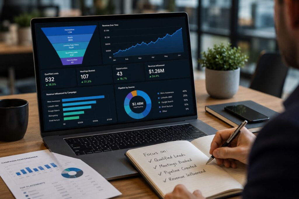 Professional business analytics dashboard on a laptop showing Meta awareness ad campaign performance, revenue growth metrics, qualified B2B leads, and marketing funnel insights in a modern office setting with a person analyzing data for revenue optimization.