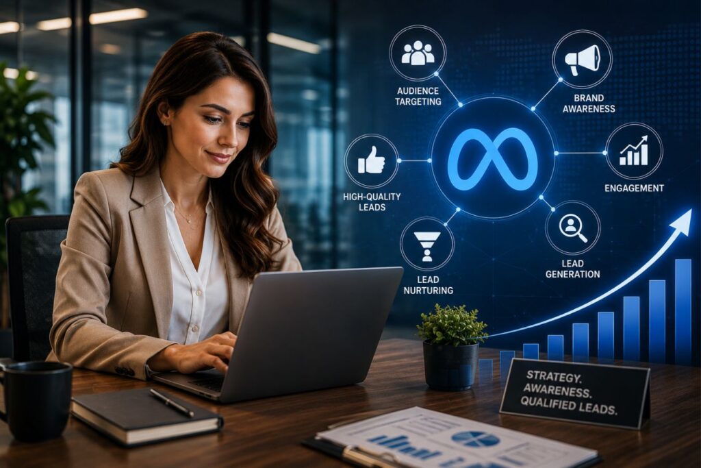 Professional female B2B marketing strategist analyzing Meta advertising campaign data on a laptop to generate qualified high-ticket business leads in a modern corporate office setting.