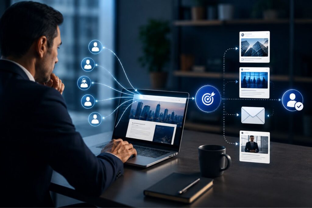 Professional B2B retargeting campaign concept showing a business marketer analyzing audience behavior and lead nurturing workflows on a laptop with digital customer journey visuals and Meta advertising automation elements.