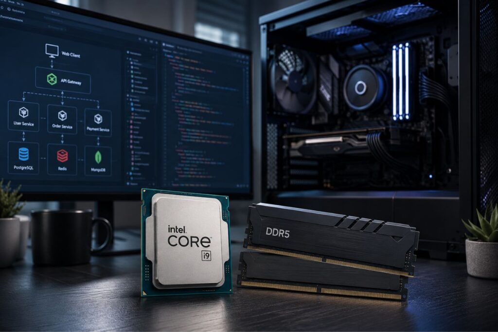 High-performance developer workstation featuring modern CPU, DDR5 RAM, and full-stack software architecture displayed on monitors, representing optimized hardware for decoupled application development and millisecond-level performance.