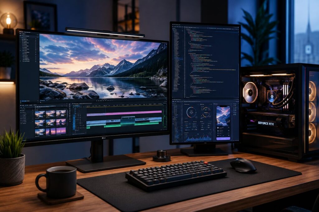 Modern full-stack developer workstation featuring dual monitors with code editor and design timeline, high-performance GPU gaming PC with RGB lighting, and a clean professional desk setup representing display and GPU bridging design and development in a millisecond workstation environment.