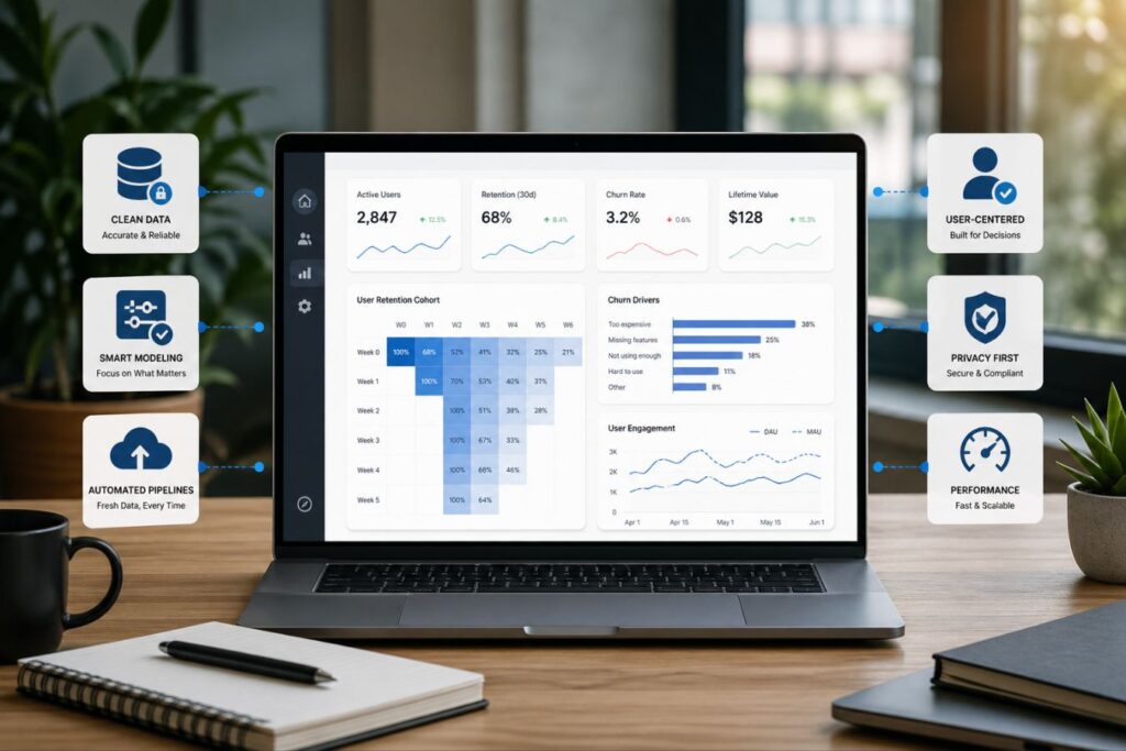 Minimal data dashboard displayed on a modern laptop showing user retention metrics, churn rate analysis, and clean UI design in a professional workspace environment