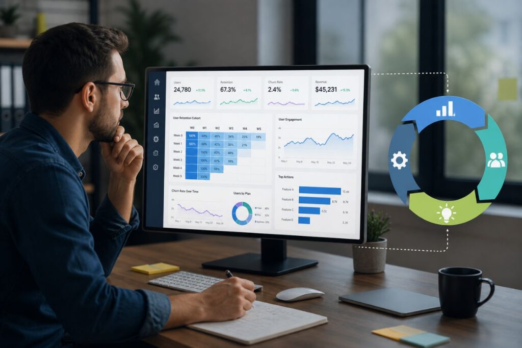 Minimal data dashboard showing user retention metrics, churn rate analysis, and frictionless user experience optimization in a modern workspace