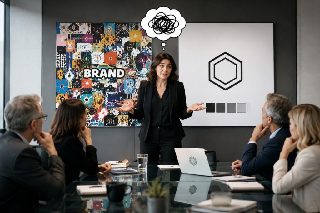 Corporate branding presentation in a modern boardroom showing minimalist vs cluttered design concepts, with a professional team discussing rebranding strategy and concerns about looking boring during a minimalist design pitch.