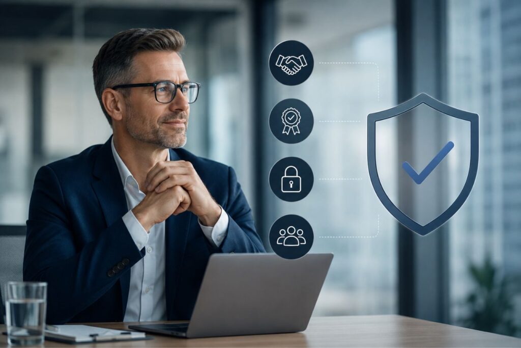 Professional corporate executive in a modern minimalist office with digital trust and security icons, representing visual trust, clean branding, and credibility in B2B marketing.