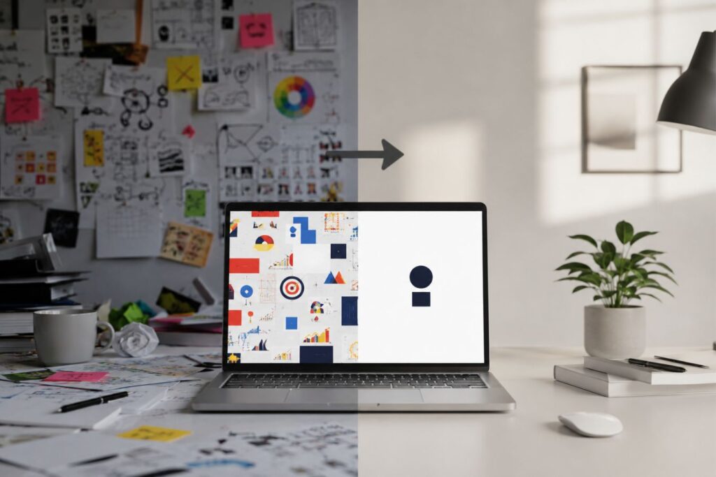 Minimalist corporate branding workspace showing the transition from visual clutter to a clean modern brand identity with a professional rebranding concept.
