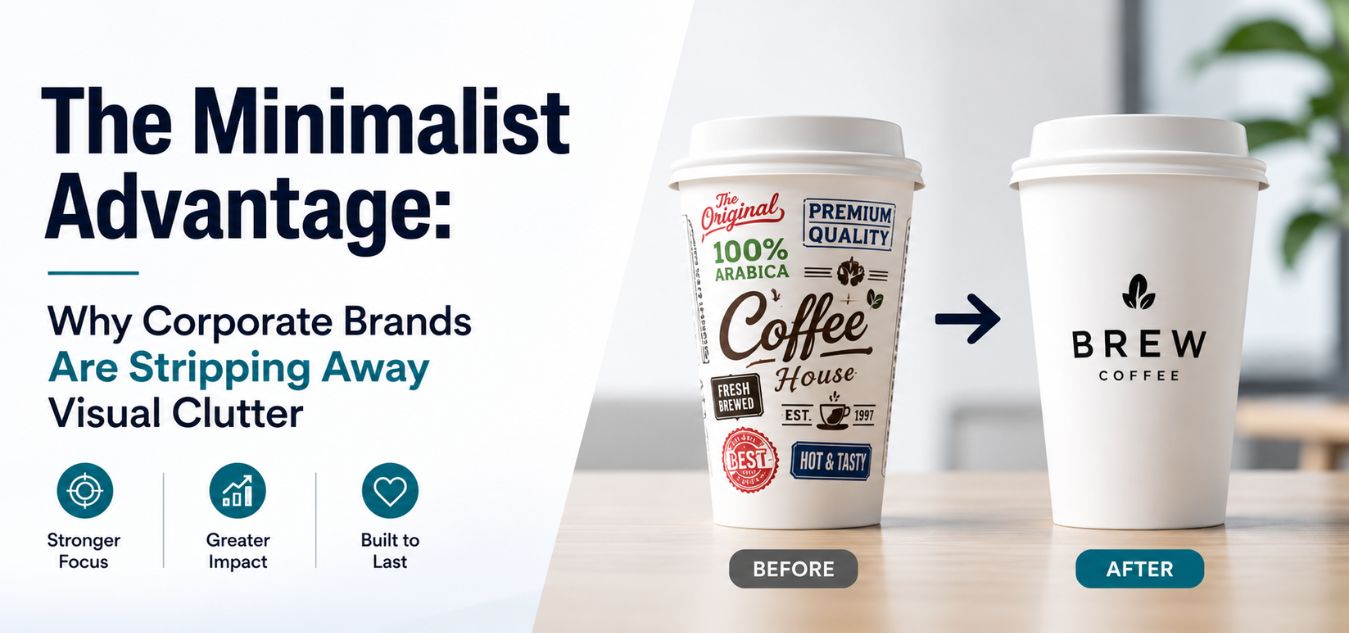 Minimalist corporate branding thumbnail showing a cluttered coffee cup design transforming into a clean modern brand identity, representing how companies are simplifying visual branding for stronger recognition and premium appeal.