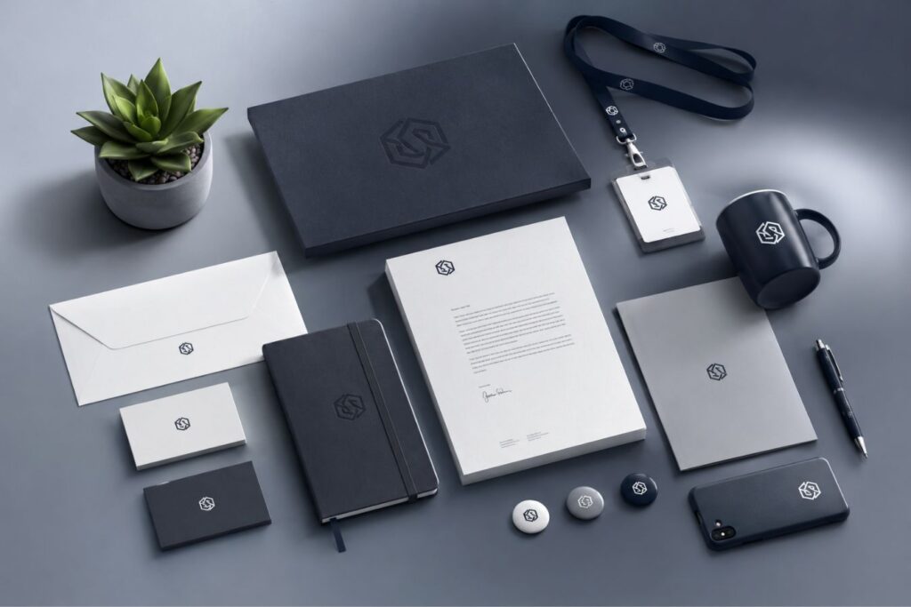 Minimalist corporate branding identity mockup with clean stationery, business cards, notebook, smartphone, and modern office accessories representing trust-building corporate design and visual clarity.